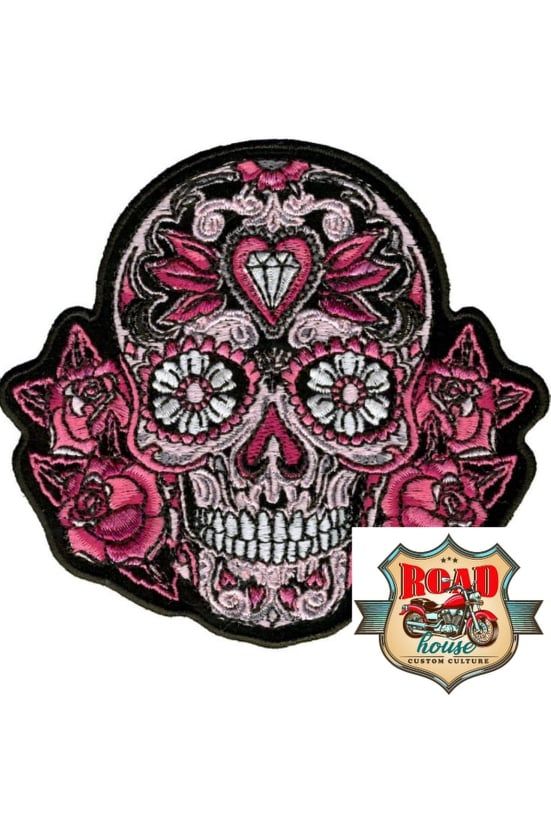 PATCH ÉCUSSON LADY TÊTE DE MORT MEXICAINE ROSE.