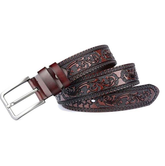 Ceinture en cuir avec boucle ardillon, motif floral, pour homme café