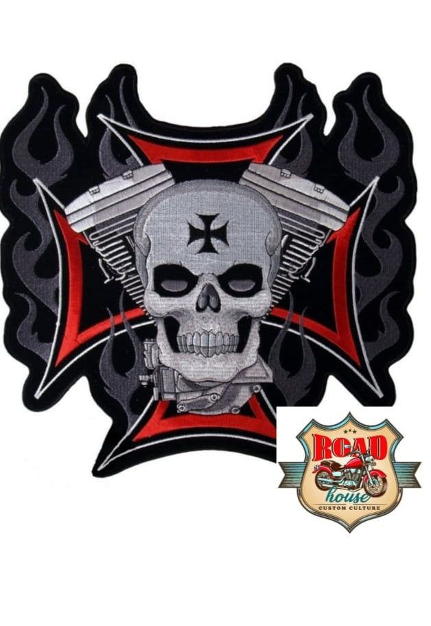 PATCH ÉCUSSON BIKER CROIX DE MALTE SKULL V-TWIN.