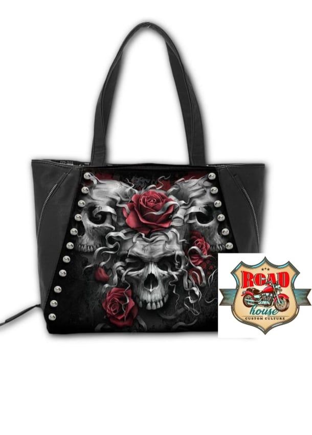 SAC CUIR NOIR FEMME MOTO LADY RIDER TÊTES DE MORT ROSES ROUGES