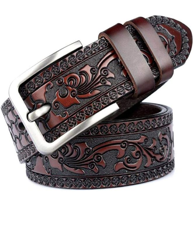 Ceinture en cuir avec boucle ardillon, motif floral, pour homme café