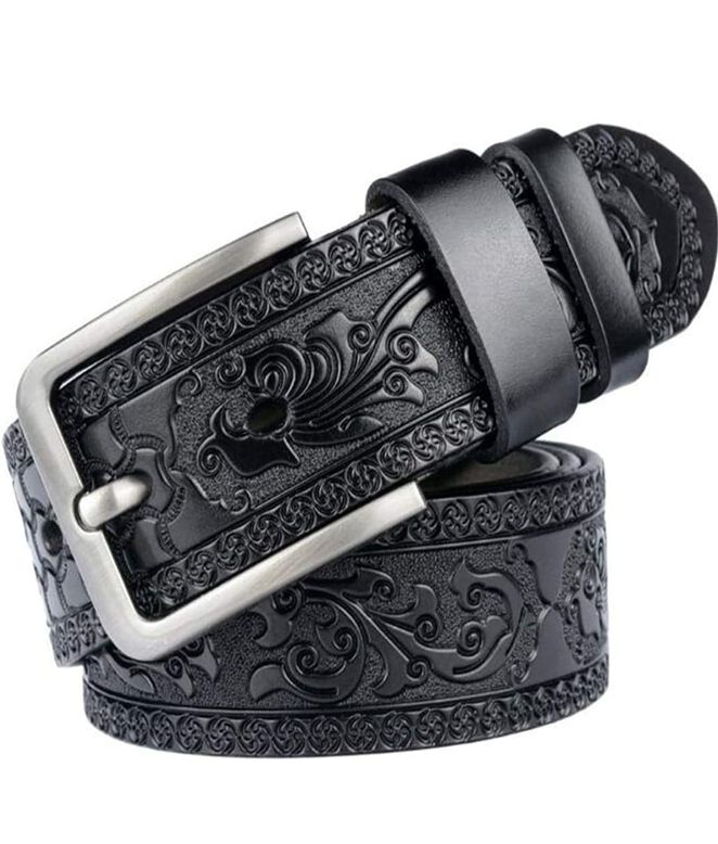 Ceinture en cuir avec boucle ardillon, motif floral, pour homme noire