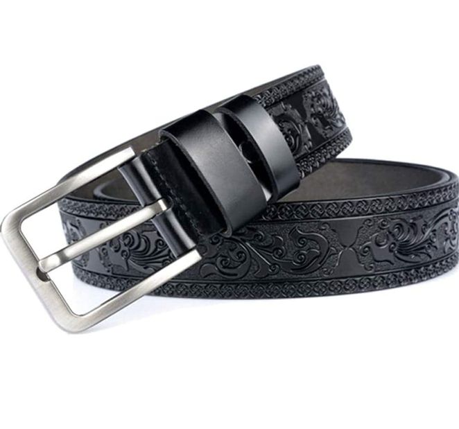 Ceinture en cuir avec boucle ardillon, motif floral, pour homme noire