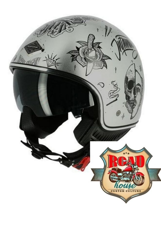 CASQUE BIKER MINIJET TATTOO BRILLANT ARGENT - DEMI JET MOTO CUSTOM