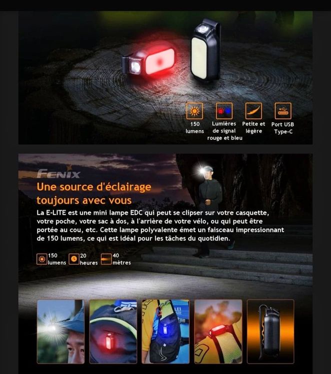 Fenix E-LITE - Lampe de poche multifonction Mini EDC - 150 Lumens avec clips casquette