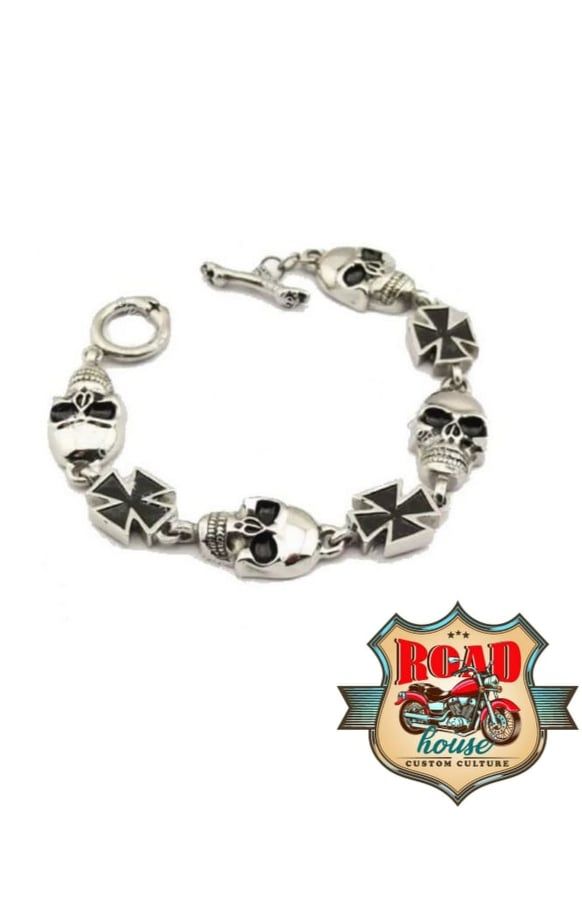 BRACELET BIKER TÊTE DE MORT CROIX DE MALTE